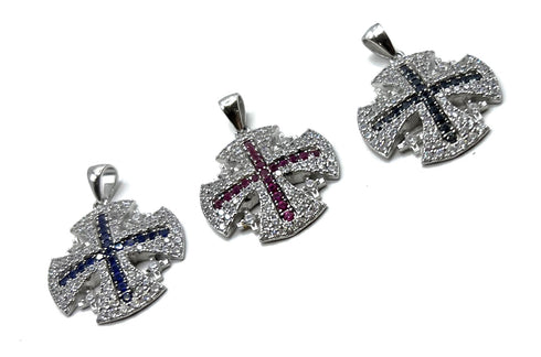 Sterling Silver Colored Pave Stone Jerusalem Cross Pendant